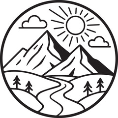 Circular mountain landscape with winding river and sun