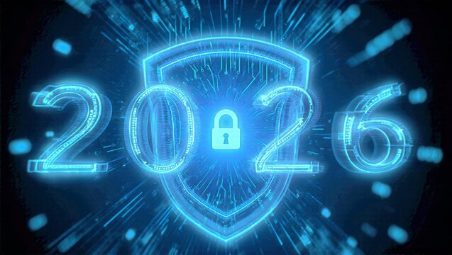 Cybersecurity Shield Replacing Zero in 2026 with Blue Neon Glow on Dark Tech Security Background - Powered by Adobe