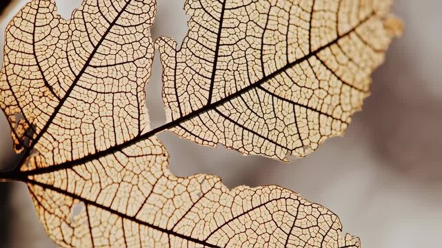 Detailed close-up of a dried leaf's intricate vein structure