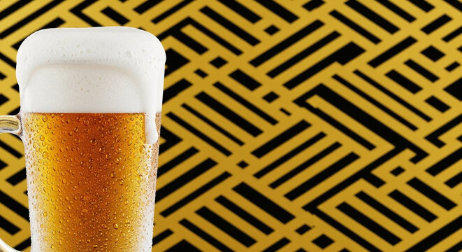 Cold Beer with Frothy Head in Glass, Gold Black Geometric Background - High-quality stock image for commercial use