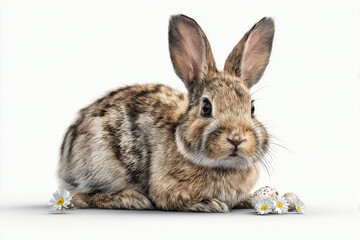 Fototapeta premium Adorable brown bunny rabbit sitting near Easter eggs and daisies on white background