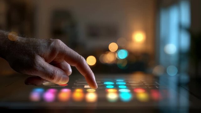 Closeup medium shot of a hand selecting vibrant colors on a smart home AI lighting interface highlighting dynamic ambiance customization with blurred room details