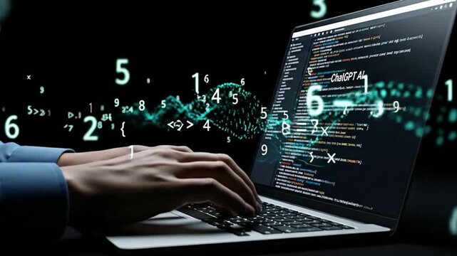 Programmer coding complex algorithms on a laptop with digital data streams flowing around.