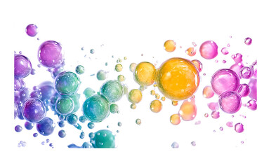  colorful bubbles on a white background, rainbow-colored bubbles, bubbles in the air, bubbles floating in water, bubbles flying out of the screen, rainbow-colored bubbles flying out of the frame, bubb