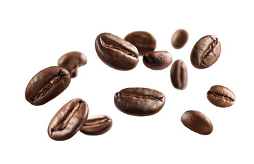 Obraz premium A dynamic image of windy coffee beans swirling through the air against a white background, symbolizing freshness, aroma, and motion. The roasted brown beans appear to be caught in a breeze, creating a