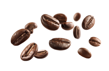 A dynamic image of windy coffee beans swirling through the air against a white background, symbolizing freshness, aroma, and motion. The roasted brown beans appear to be caught in a breeze, creating a