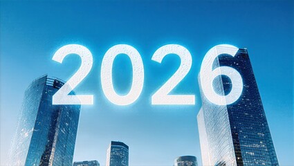 Futuristic Glass Towers with Holographic 2026 Projection in Clear Blue Sky Modern Cityscape Technology Background