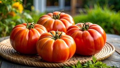 Fresh, plump tomatoes on a wicker tray outdoors