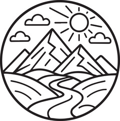 Circular landscape art of mountains river sun and clouds in outline style