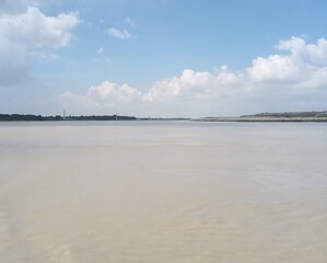 Serene River Landscape with Cloudy Sky and Distant Shoreline View