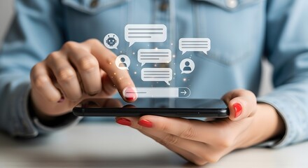 Woman using a smartphone with chat bubbles and search bar overlay for communication technology concept