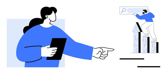 Woman holding tablet points forward as man climbs graph bars with search box overhead. Ideal for teamwork, guidance, planning, growth, leadership, strategy, innovation themes. Simple flat metaphor