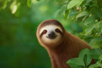Obraz premium Charming sloth peeking through lush green foliage, showcasing pl