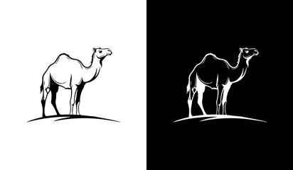 A black-and-white vector illustration of a standing dromedary camel, shown in side view facing right, with a single hump, slender legs, and minimal line details highlighting its body contours.
