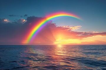Vibrant rainbow arching over tranquil ocean waters during a stunning sunset near the horizon