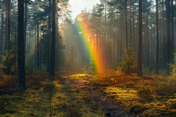 Fototapeta premium Sunlight pierces through tall trees in a serene forest revealing a vibrant rainbow during a peaceful morning