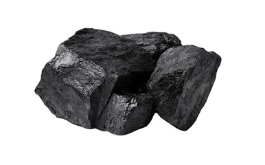 an ultra-realistic photograph of coal, a rock that is black in color and serves as the main source for energy production, on a white background. the composition should capture the texture and appearan