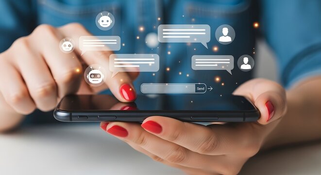 Woman using smartphone with chatbot interface and message bubbles in a digital communication theme