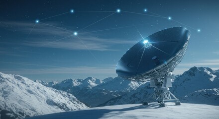 Satellite dish on a snowy mountaintop with a digital constellation