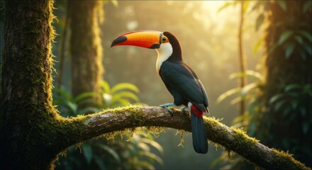 Obraz premium Toucan perched on a mossy branch in a sunlit rainforest