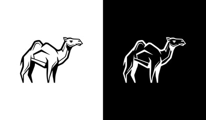 A black-and-white vector illustration of a standing dromedary camel, shown in side view facing right, with a single hump, slender legs, and minimal line details highlighting its body contours.
