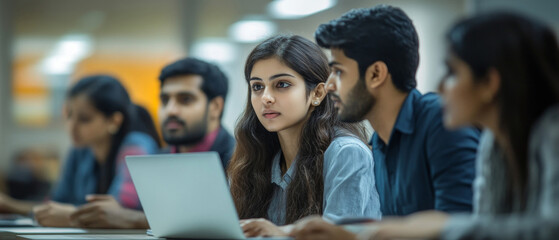 A group of students working on laptops in a modern classroom, reflecting the educational process and teamwork.
Useful for materials about education, student life, and technology in learning.