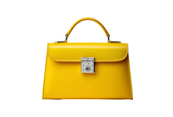  a yellow leather handbag with a silver lock on a white background, front view, product photography, high resolution, high details, product design, product shot, product mockup, high quality, mock-up 