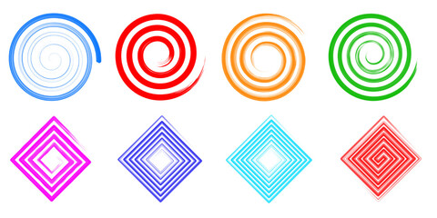 Collection of different painted spirals. Vector  illustration. 