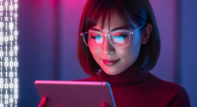 Young woman with glasses using a tablet in a neon lit room with binary code overlayed on the left