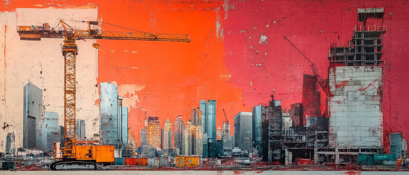 Construction cranes and cityscape against a backdrop of a worn wall, symbolizing urbanization and renewal.
Useful for articles on architecture, construction, urban development, and social change.