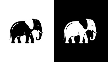 black-and-white vector illustration of a standing elephant, shown in side view facing right, with large ears, curved trunk, prominent tusks, and bold outlines emphasizing its massive body shape.