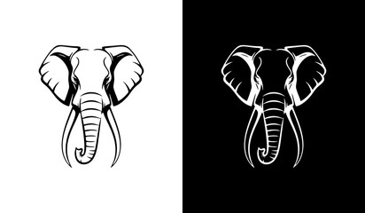 black-and-white vector illustration of an elephant’s head, shown from the front, with large flared ears, long curved tusks, and a downward trunk highlighted by bold contour lines.