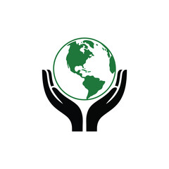 Black hands holding green globe icon—minimalist symbol for environmental care, global responsibility, sustainability, or Earth protection themes 