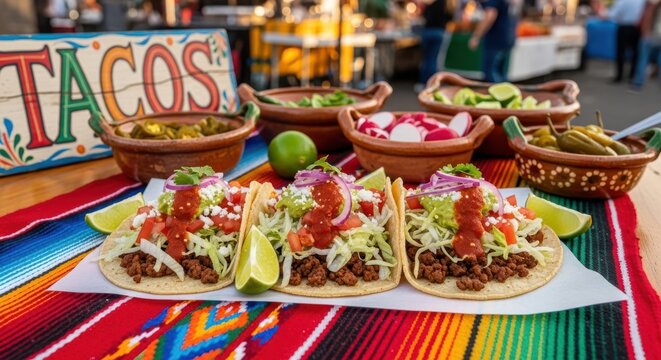 Three delicious tacos with all the fixings, served at an outdoor market with a vibrant mexican blanket and a sign that says tacos
