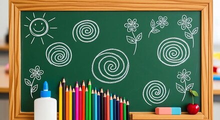 Back to School Blackboard with Drawing and Colorful Pencils