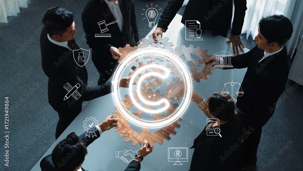 Poster a dynamic scene showcasing professionals collaboratively discussing innovative ideas, represented by