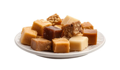 a plate of fudge, a rich and creamy candy that is made from cream or milk, mixed with sugar, nuts, and sweet flavors such as caramel or vanilla to create various shapes like squares, cubes, circles, a