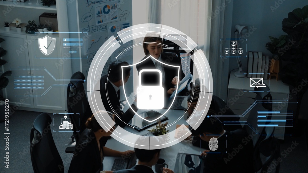 Poster a business team engages in a collaborative meeting while a digital security interface overlays the s