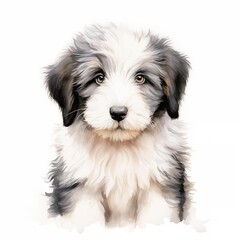 This illustration shows a young Bearded Collie dog with long, fluffy fur, predominantly white and gray, sitting and looking directly at the viewer.
