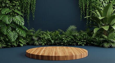 Wooden Product Display Podium with Lush Green Tropical Plant Background