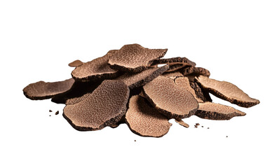  a pile of dark truffle slices on a white background, with some pieces scattered around them. the edges have been trimmed, and the shape is irregular, creating an artistic effect. there are no text or