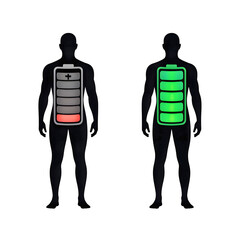 Energized vitality versus fatigue concept with full and low battery human figures, illustrating health, wellness, energy levels, and burnout recovery
