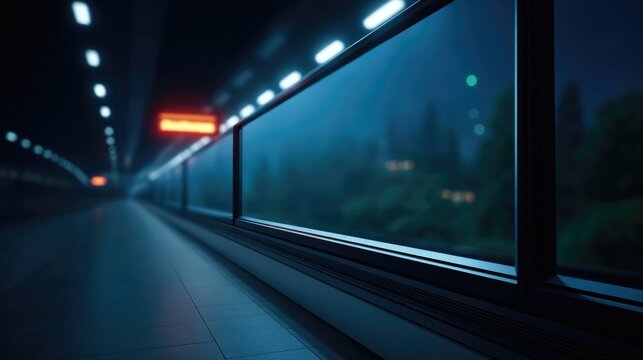 Mysterious train station platform illuminated by soft blue light