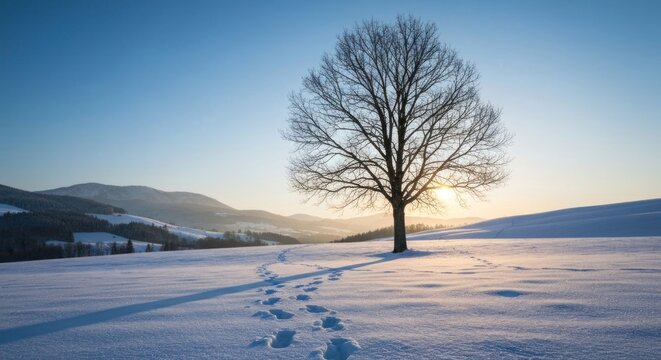 Winter landscape with lone tree and footprints.  Sunrise over snow-covered hills