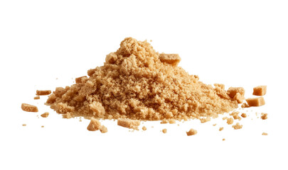 scattered brown sugar isolated on a white background, top view. burnt umber tones, gamer art, close-up shot, 4k resolution, ultra-realistic, high detail, stock photography, bright soft lighting, natur