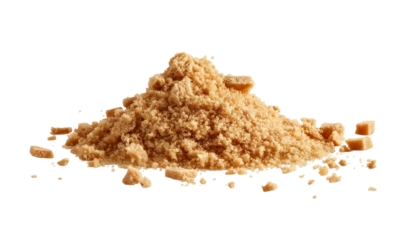 scattered brown sugar isolated on a white background, top view. burnt umber tones, gamer art, close-up shot, 4k resolution, ultra-realistic, high detail, stock photography, bright soft lighting, natur