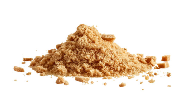 scattered brown sugar isolated on a white background, top view. burnt umber tones, gamer art, close-up shot, 4k resolution, ultra-realistic, high detail, stock photography, bright soft lighting, natur