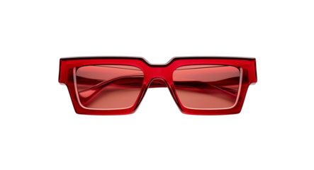 a pair of red rectangular sunglasses with square frames and clear lenses, designed for the female fashionista who loves bold colors. the glasses have an elegant design that is suitable for formal or c