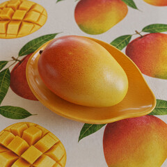 Mango on Plate with Mango Pattern Tablecloth