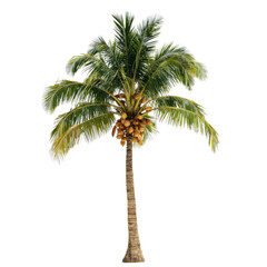 Tropical Coconut Palm Tree with Coconuts - Transparent PNG
This is a professional, high-quality image of a mature coconut palm tree. The tree has a tall, slender, and textured trunk with a crown of fe
